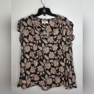 Light Cotton MKT Blue,cream & Rust V Neck Top Size 12, Short Sleeve